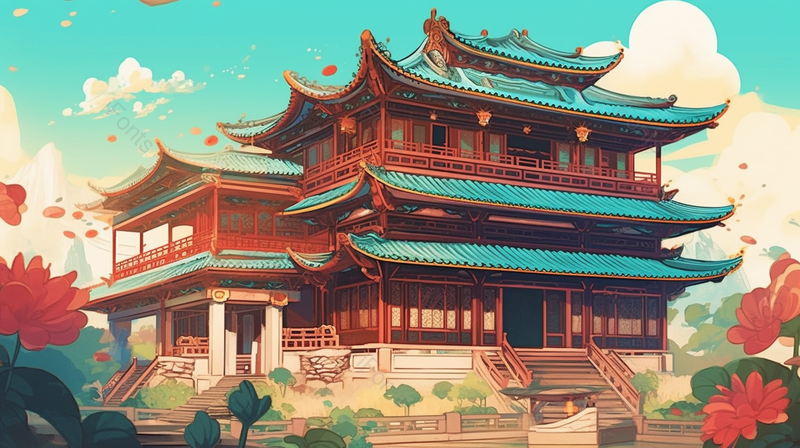 莲花池仰视古建筑物插画,插画/手绘图,插画/手绘图库,插画/手绘图下载,插画/手绘